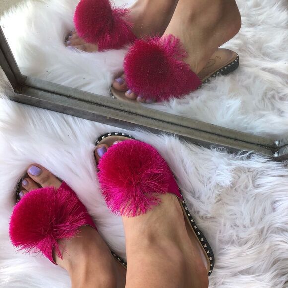Restock Verano Rio Pink Pom Pom Silver Stud Slip On Mule Sandal - Picture 3 of 6